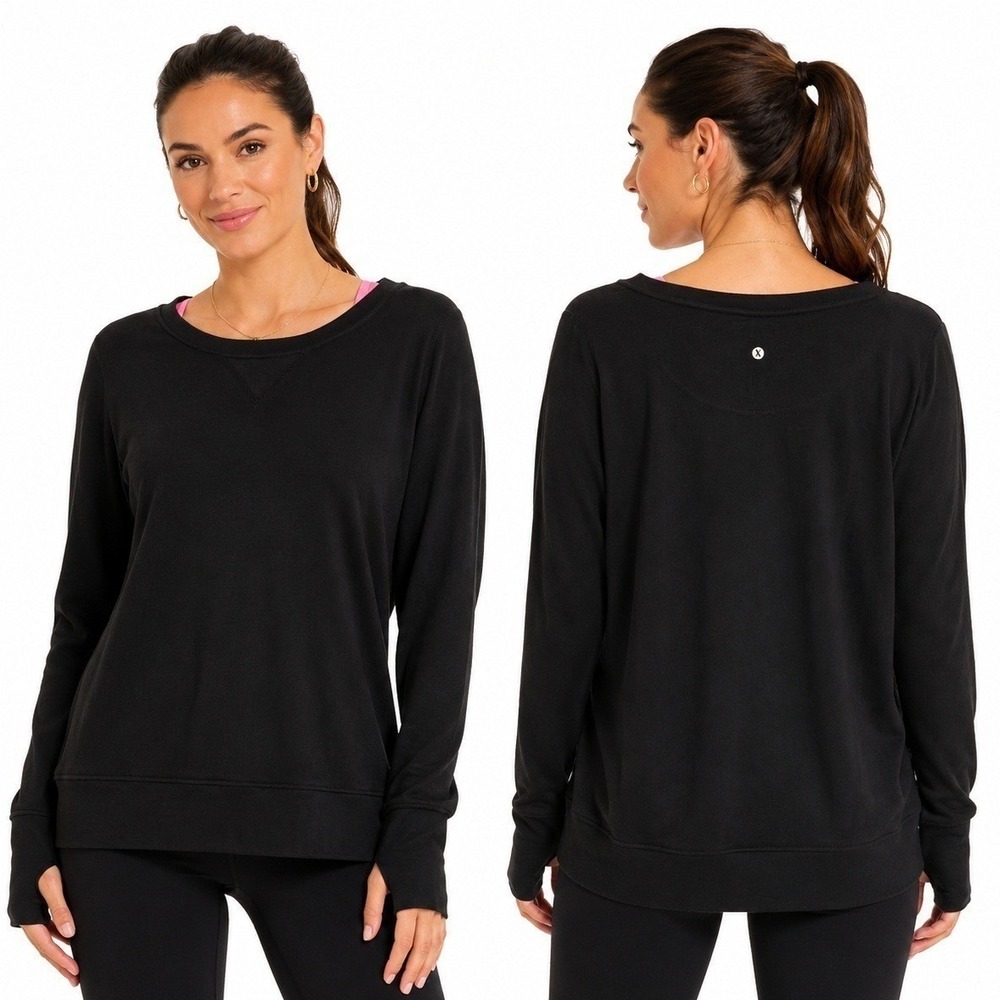 Xersion Sweatshirt‎ Women's Large Relaxed Fit Black Pullover Thumb Crew Neck